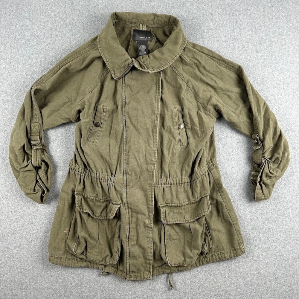 Matty M Olive Green‎ Utility Field Jacket Waist Cargo Military Women XL Full Zip